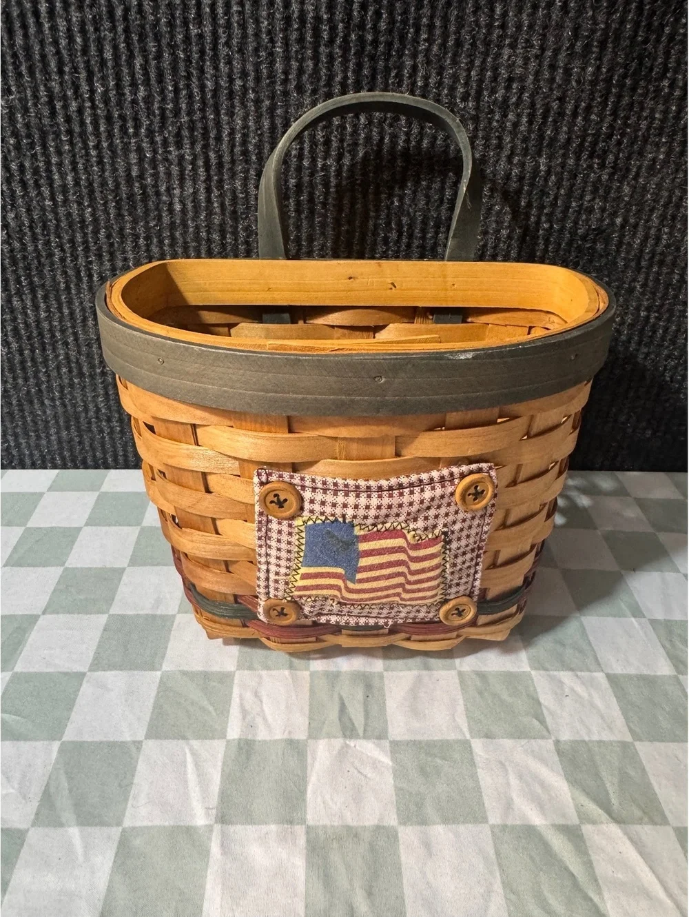 Vintage Woven Basket with American Flag Patch and Handle